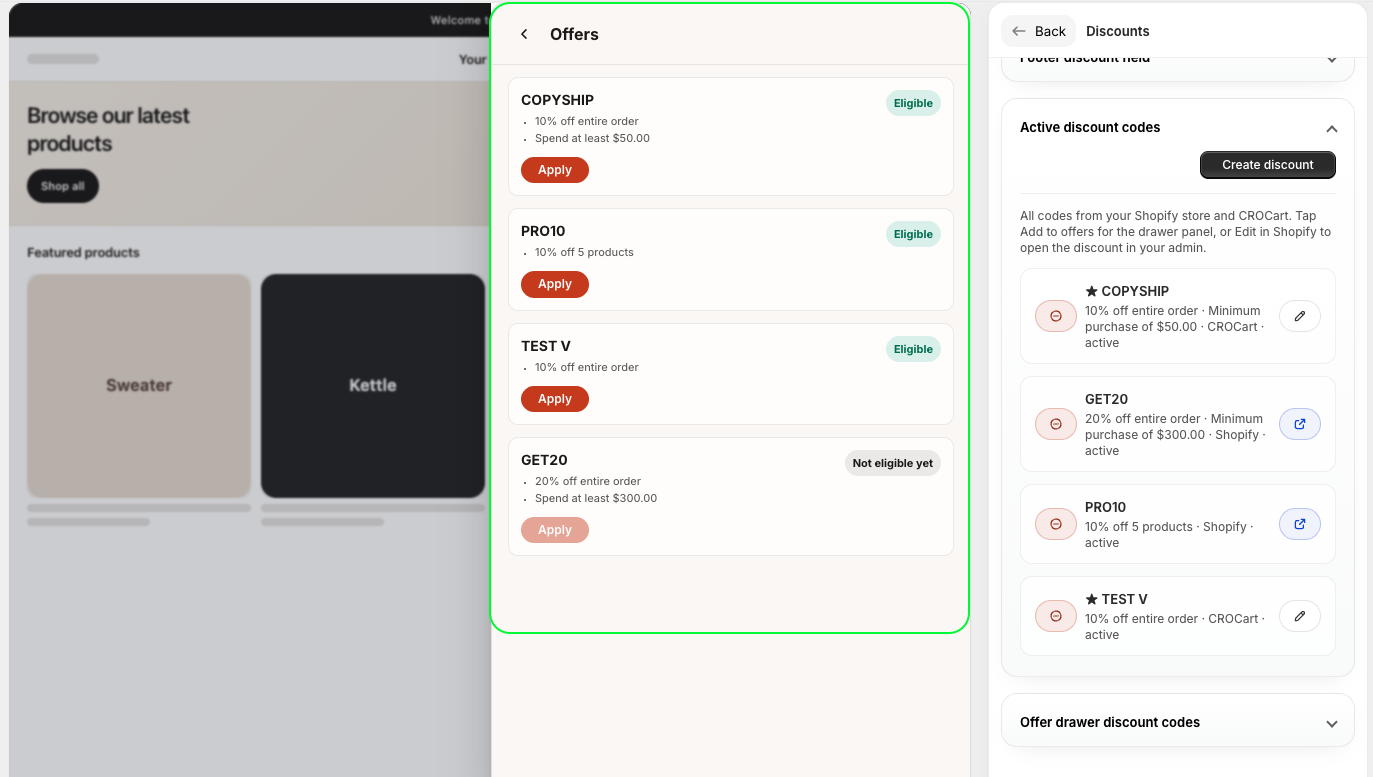 Discounts and offers view inside the cart drawer with code apply options