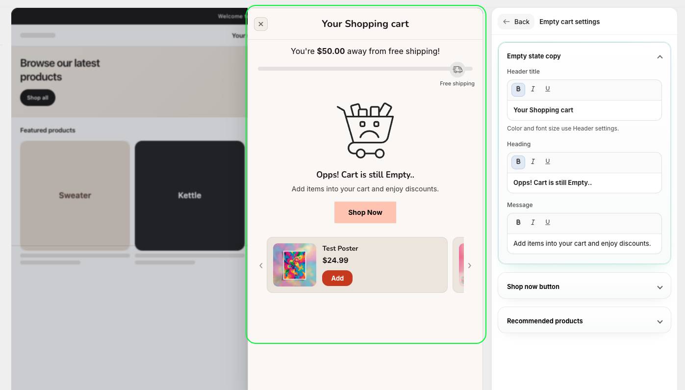 Empty cart drawer design with live preview customization