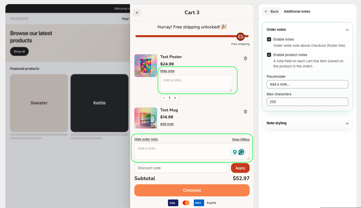 Cart notes and order notes fields inside the cart drawer