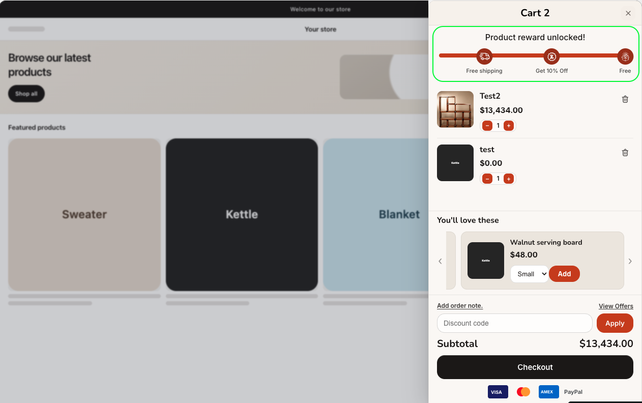 Tiered rewards progress bar shown inside the cart drawer
