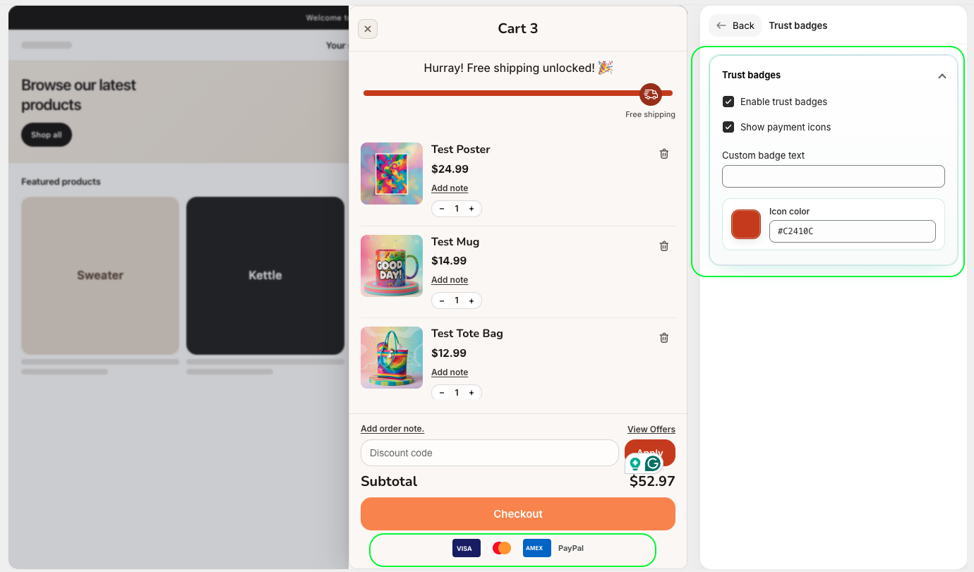 Trust badges and payment icons displayed in the cart drawer