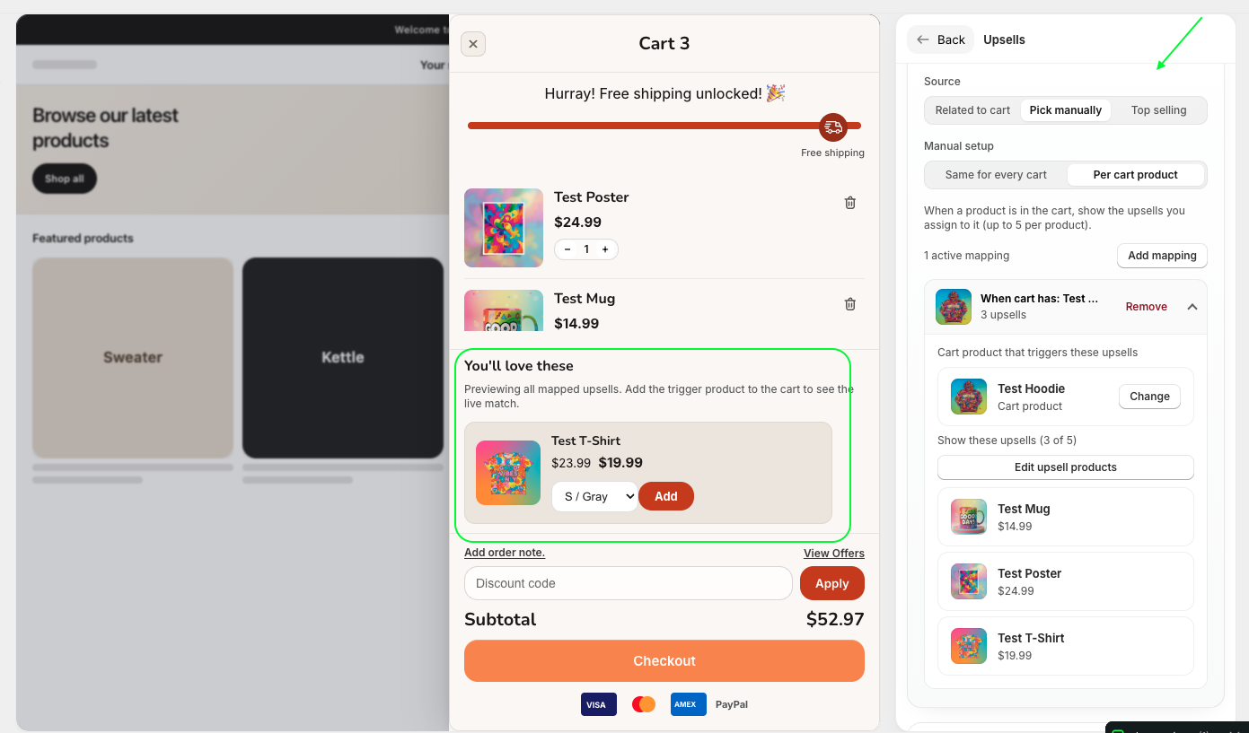Upsell products section shown in the Shopify cart drawer